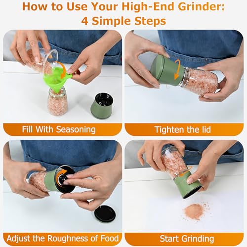 R DRURLCD Sage Green Stainless Steel Sea Salt and Pepper Grinder Set of 2 - Adjustable Ceramic Glass Salt and Pepper Shakers - Kitchen Pepper Mill & Salt Mill W/Funnel - color: Green, size: 2PK