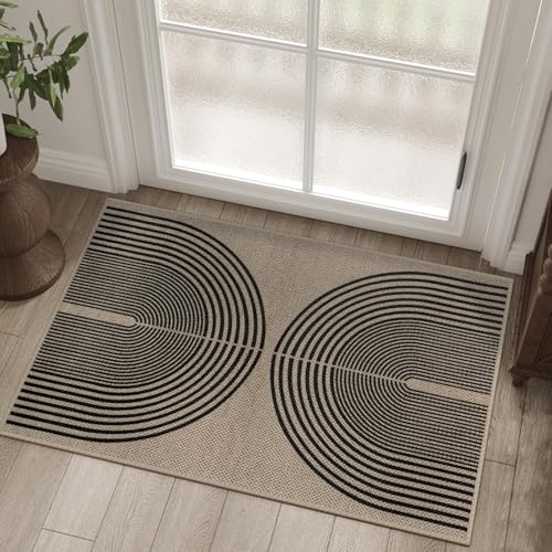 Easy Jute Rainbow Entryway Rug, 2x3 Washable Non-Slip Indoor Outdoor Doormat, Black Nature Boho Farmhouse Small Kitchen Rug Modern Abstract Throw Rugs for Entrance Bedroom Bathroom - color: Nature/Black Rainbow, size: 2' x 3' (Rectangular)