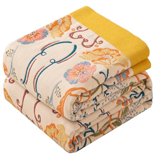 Phuryllic Boho Throw Blanket Twin Size, Soft Cozy Cotton Muslin Quilt Blanket for Bed Decor, Floral Patterned Couch Sofa Chair Cover, Vintage Farmhouse Cottage Tapestry Woven Blanket, Yellow&Blue - color: Petal Wreath, size: 60" x 80"