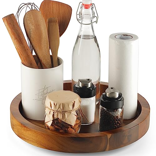 TIDITA 10" Wooden Lazy Susan Organizer for Cabinet, 360° Rotation, High Rim | Solid Acacia Wood, Non-Skid Pads, Swivel Round Lazy Susans Turntable for Countertop, Decorative Tray, Cheese Board, Multi-Use - size: 10 Inch
