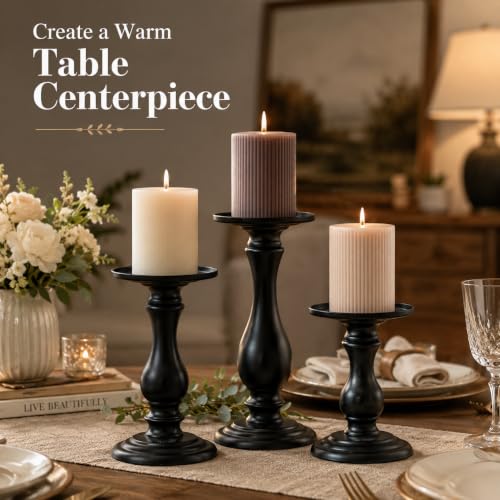 Matte Black Pillar Candle Holders Set of 3-10", 8", 6”H Candlestick Candle Holders Stand, Home Coffee Table Decor Decorations Centerpiece for Dining/Living Room