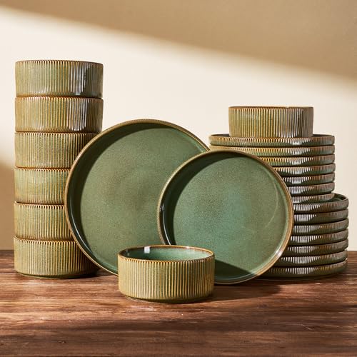 Stoneware Dinnerware Set for 8, Reactive Glaze, Moss Green | 24-Piece Ceramic Plates and Bowls, Handmade Ribbed Dishes, Daily Use, Microwave & Dishwasher Safe, Chip & Scratch Resistant - color: Moss Green, size: Service for 8 (24pc)