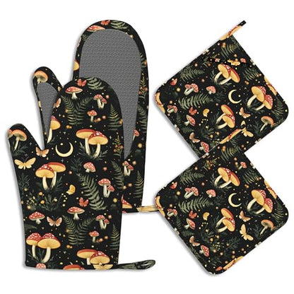 Boho Mushrooms Oven Mitts and Pot Holders Sets of 4 Wildflowers Butterfly Heat Resistant Silicone Oven Mits Gloves Non-Slip Kitchen Mittens Potholders for Cooking Baking Grilling BBQ - color: Boho Mushrooms,wildflowers Butterfly