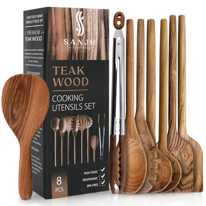 SANJH Teak Wooden Utensil Set for Cooking - 8 Piece Teak Wooden Spoons Set | Spatula Scraper Pasta Spoon Rice Paddle Tongs, Smooth Sanded Finish, Comfortable Grip Handles, Gentle on Cookware