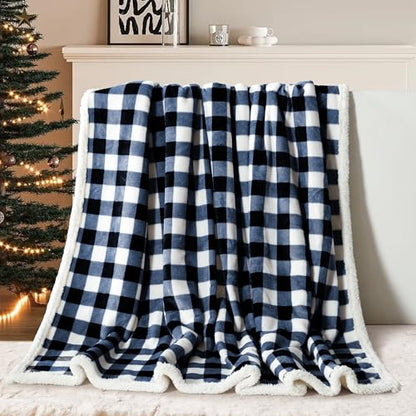 BEAUTEX Christmas Sherpa Fleece Throw Blanket Soft Warm Buffalo Plaid | Plush Blanket & Throw, Winter Cozy Fuzzy for Couch, Sofa, Bed (Navy, 50" x 60") - color: Navyblue, size: Throw-50"x60"
