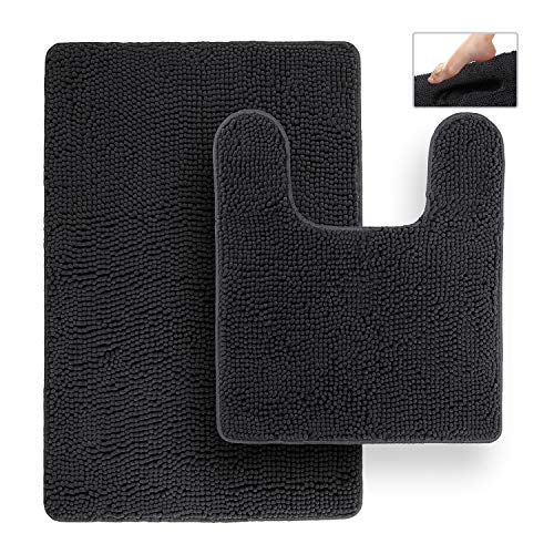 Bathroom Rugs, Extra-Thick Memory Foam Bath Mat, Ultra-Soft Chenille Microfiber, Highly Absorbent, Machine Washable, Shaggy Bath Mats for Bathroom, Rectangle Cutout (21x32 + 20x22, 2pcs) Black - color: Midnight Black, size: 21 x 32 + 20 x 22 - Square Cuto