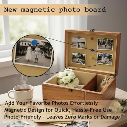 Wooden Keepsake Box, Large Acacia Storage Box with Magnetic Photo Display,Decorative Wooden Box with Felted Protection,Memory Storage Box for Photos,Letters,Jewelry,Crafts,Time Capsule,11"x8.5"x5"