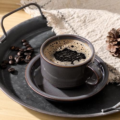 JIEMEI HOME Porcelain Stackable Cappuccino Cups with Saucers and Metal Stand, 7 Ounce Espresso Cups for Latte Coffee Cafe, Specialty Coffee Drinks, Cappuccino and Tea - Set of 4, Purple-Gray - color: Purple-Gray