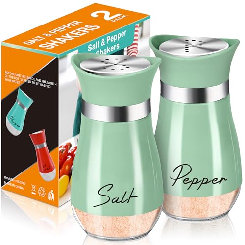 Salt and Pepper Shakers - 2 Pack Matcha Green Glass Set with Steel Caps | Compact Refillable Shakers with Stainless Steel Caps And Glass Bottoms for Dining Tables, Camping, RV Trips, BBQs And Gifts. - color: Matcha Green