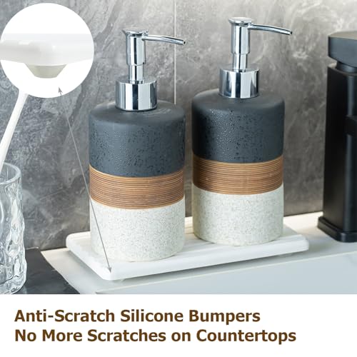 Ceramic Dish Soap Dispensers Set of 2 for Kitchen and Bathroom | Hand Soap and Lotion Dispenser Set, Shampoo and Conditioner Bottles | with Stainless Steel Pump, Silicone Funnel, Tray, Black - color: Black and White, size: 2xSoap Dispenser Set with Tray