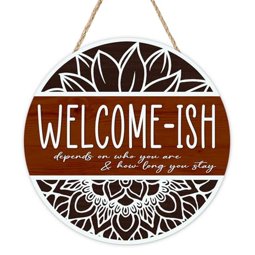 Farmhouse Welcome-ish Front Door Sign, Inspirational Minimalist | Flower Wood Hanger Outdoor Outside Porch Home Decor, Motivational Rustic Floral Wooden Wreath Indoor Wall Hanging Decoration - color: Flower