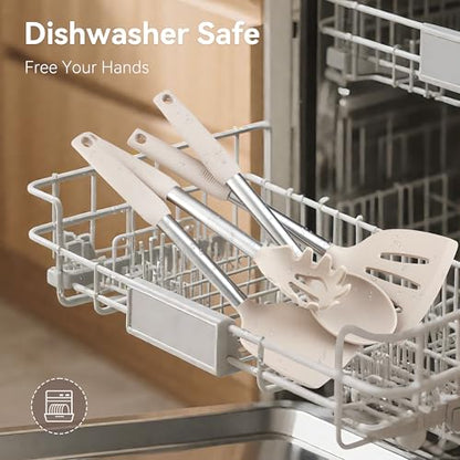NCUE 35 Pcs Silicone Cooking Utensils Set BPA Free 446°F Heat Resistant | Stainless Steel Handles Kitchen Utensils Set, Thickened Heads Silicone Grips Nonstick Dishwasher Safe for Baking Housewarming - color: Khaki