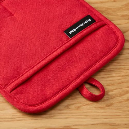 KITCHENAID Gourmet Series Gridlines Pot Holders 2-Pack Set, Heat Resistant up to 600°F, Soft Silicone Grip, Magnetic Cuff, Passion Red, 8"x8" - color: Passion Red