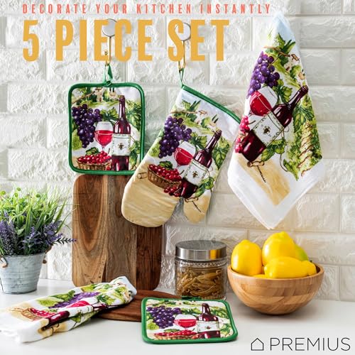 5 Piece Wine Printed Kitchen Linen Set, 2 Cotton Towels, 2 Potholders, 1 Oven Mitt with Hanging Loop, 100% Cotton Material on Front & Polyester Backing, Perfect Kitchen Accessory, Gift - color: Wine