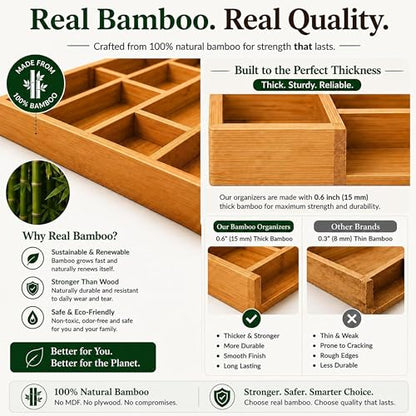 ABABIL Bamboo Drawer Organizer Set of 5, Wooden Storage Tray Inserts for Kitchen, Bathroom, Office, Makeup, Jewelry, Utensils, Desk Accessories and Vanity Drawers, Brown