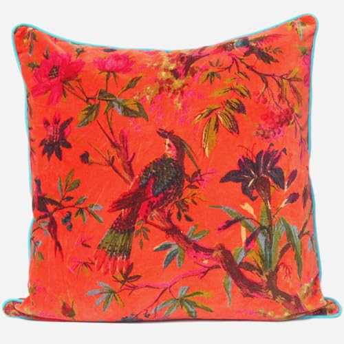 Velvet Floral Flower Bird Throw Pillow Sofa Cushion Cover Case Couch Colorful Boho Chic Bohemian Accent Indian Handmade (Orange, 16" x 16") - color: Orange, size: 16" x 16" (Pack of 1)