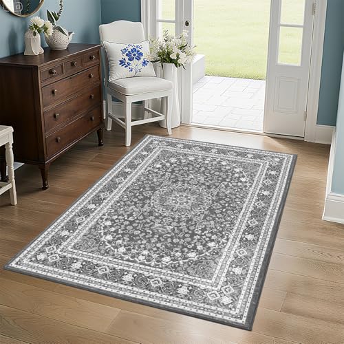 3 x 5 Area Rugs for Entryway & Living Room, Washable Rug Grey White | Soft Faux-Wool Caperts with Non-Slip Rubber for Living Room Bedroom Kitchen, Floral Medallion Design, Kid & Pet Friendly - color: Grey White, size: 3' x 5' (Rectangular)