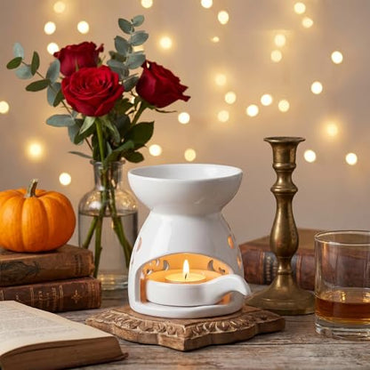 4 Pack Ceramic Tealight Candle Holder Essential Oil Burner for Wax Melt Burners with Spoons Aromatherapy Diffuser Home Bedroom Office Decor Housewarming Gift