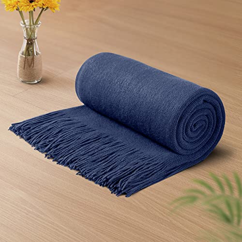 Vonty Royal Blue Knitted Throw Blanket with Tassels Fringe, 50x60 Acrylic | Super Soft And Lightweight, Year-Round Cozy Warmth, Farmhouse Decorative Style, Machine Washable, for Couch, Sofa or Bed - color: Royal Blue, size: 50" x 60"