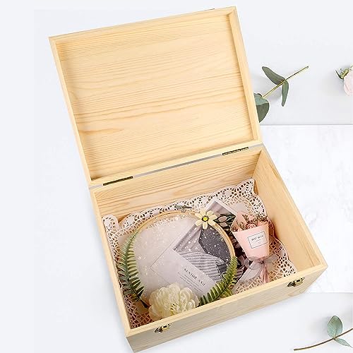 Unfinished Wooden Box 12x9x5 Inch Natural Wood Storage Box | Large Craft Stash Boxes, Hinged Lid Front Clasp Case, DIY Keepsake Art Hobbies Jewelry Organizer, Plain Memory Trunk