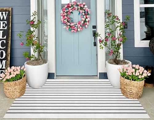 Washable 3'x5'Outdoor Rug,Grey and White Striped Front Porch Rug | Cotton Woven Area Rug Farmhouse Layered Doormat For Indoor Outdoor, Front Door & Home Entrance Decor - color: Grey White, size: 3' x 5' (Rectangular)