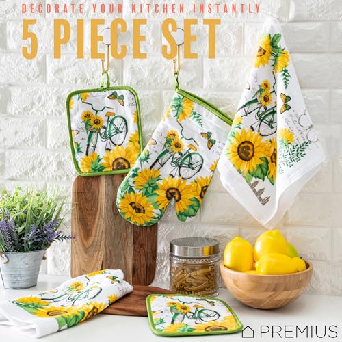 5 Piece Bicycle & Sunflowers Printed Kitchen Linen Set, 2 Cotton Towels,2 Potholders,1 Oven Mitt with Hanging Loop,100% Cotton Material on Front & Polyester Backing, Perfect for Kitchen - color: Bicycle & Sunflowers