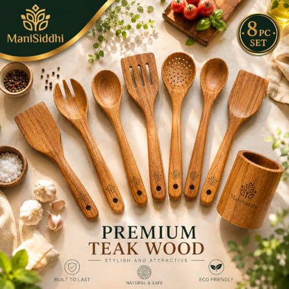 Teak Wood Cooking Utensil Set 8 Piece, Home essentials cookware set,Kitchen Utensils with Holder Wooden Spoons & Spatula for Cooking Nonstick Cookware,Safe, Non Toxic, Handcrafted