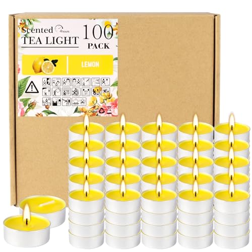 100 Pack Scented Tealight Candles - 4 Hours Burning Lemon Aromatherapy | Valentine's Day Romantic Dinner & New Year Home Decor, Yellow Votive Candles for Wedding, Holiday Gift & Emergency (Yellow) - color: Yellow, size: 100 Pack