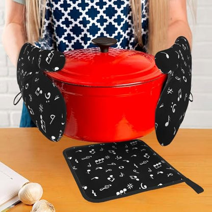 Music Notes Oven Mitts and Pot Holders Sets of 3 Black Hot Pads Musicial Oven Gloves Heat Resistant Non Slip Washable for Kitchen Cooking Grilling Baking - color: Music Notes