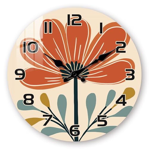 Home Wall Clock for Bathroom - 10 Inch Wooden Wall Clocks Battery Operated - Indoor Vintage Floral Wall Clock for Living Room Bedroom Kitchen Decor - color: Boho Orange, size: 10 inch