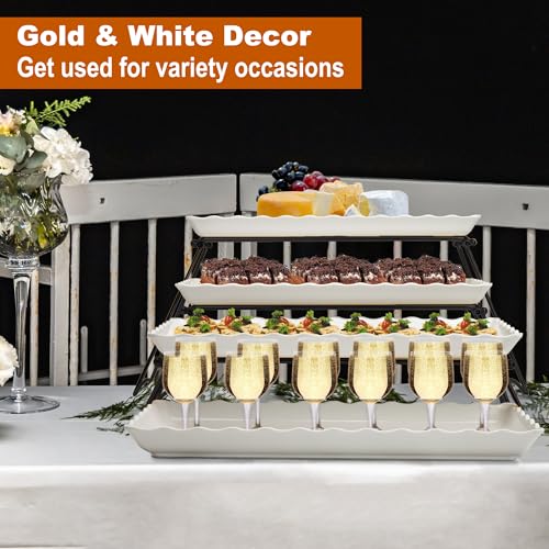 KAQAHIDO Extra Large 4 Tier Serving Tray Set, 34x22x10 inch Wave Edge Melamine Dessert Table Display Set, Tiered Trays Stand for Party Buffet Entertaining, Black and White - color: Black