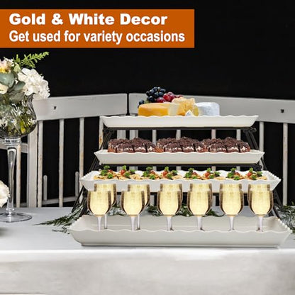 KAQAHIDO Extra Large 4 Tier Serving Tray Set, 34x22x10 inch Wave Edge Melamine Dessert Table Display Set, Tiered Trays Stand for Party Buffet Entertaining, Black and White - color: Black