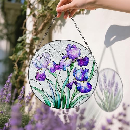 Stained Glass Window Hanging, 8 Inch Purple Irises Stained Glass Suncatcher, Flower Sun Catchers Indoor Window, Iris Flowers Gift, Flower Lovers Gifts, Housewarming Gift, Gifts for Her or Women - color: Iris Flower