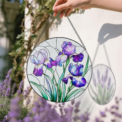 Stained Glass Window Hanging, 8 Inch Purple Irises Stained Glass Suncatcher, Flower Sun Catchers Indoor Window, Iris Flowers Gift, Flower Lovers Gifts, Housewarming Gift, Gifts for Her or Women - color: Iris Flower