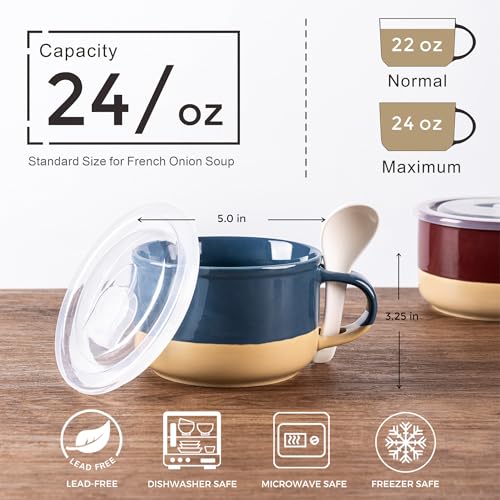 GBhome Ceramic Soup Mugs with Handles and Lids,24 OZ Soup Cups Set of 2 | Terracotta Underside,Mug Bowls with Spoon for Soup/Cereal/Salad/Noodles/Ramen/Microware &Dishwasher Safe-Blue&Red - color: Blue&Red