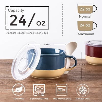 GBhome Ceramic Soup Mugs with Handles and Lids,24 OZ Soup Cups Set of 2 | Terracotta Underside,Mug Bowls with Spoon for Soup/Cereal/Salad/Noodles/Ramen/Microware &Dishwasher Safe-Blue&Red - color: Blue&Red