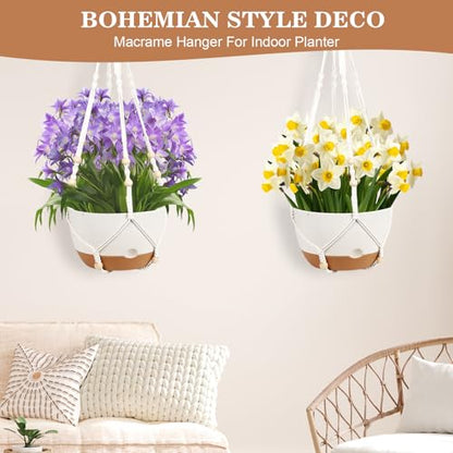 Self Watering Hanging Planter, 3 Pack 10 Inch Macrame Plant Hanger with Flower Pot, Metal Chain, S & Ceiling Hooks, Drainage Holes, Removable Saucer, Hanging Basket Holders for Indoor Plants - White - color: White