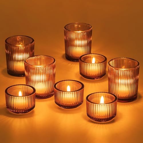 Hewory Glass Tealight Candle Holder: 8 PCS Amber Votive Candle Holders Bulk | Ribbed, Brown Candle Holders for Table Centerpiece, Fall Decor Thanksgiving Wedding Christmas Party Decoration Home Decor - color: Amber
