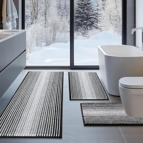 Bathroom Rugs Sets 3 Piece, Toilet Rugs U-Shaped Contour Bath Mat Set, Long Striped Absorbent Non Slip Chenille Shower Mat, Black - color: Black, size: 20"x47"+16"x24"+ U Shape 20"x24"