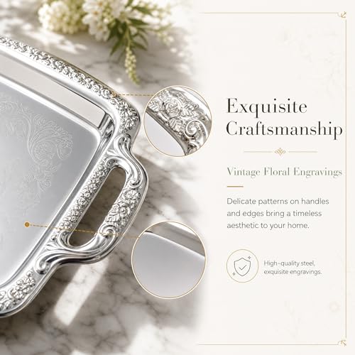 2 Pack Silver Serving Trays with Handles, Floral Engraved Polished Metal Platters, Multipurpose Decorative Tray for Food Serving Jewelry Cosmetics Home Party Decor