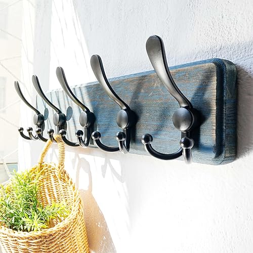 Coat Rack Wall Mount - Heavy-Duty Robust Barnwood-Style Wooden Wall Coat Hanger Hook Rail with 5 Triple Hooks for Winter Coats Hat Jacket Clothing, Weathered Blue & Black - color: Weathered Blue & Black, size: L=17.4"