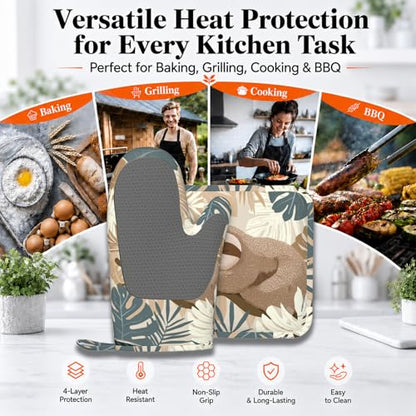 Sloth Boho Palm Leaves Oven Mitt and Pot Holder with Silicone Heat Resistant Kitchen for Cooking BBQ Baking Grilling Cooking Protection - color: Sloth Boho Palm Leaves