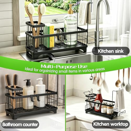VOOWO Sponge Holder for Kitchen Sink, Compact Sink Caddy with Brush Holder | 304 Rustproof Stainless Steel Dish Soap Holder, Small Kitchen Sink Organizer, Self-Draining Dish Wand Holder with Towel Rack - color: Black