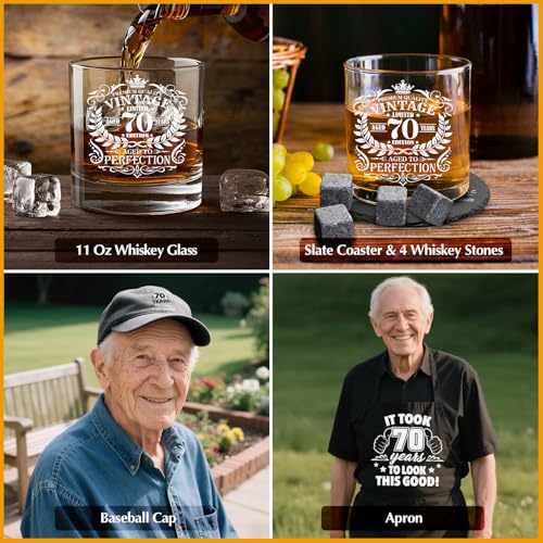 70th Birthday Gifts for Men Whiskey Glass Set, 70th Birthday Party Supplies with 11 Oz Whiskey Glass Coaster Stone Baseball Cap Apron Sock Toilet Paper Keychain for Him, Dad, Husband, Friends - style: 70th Birthday