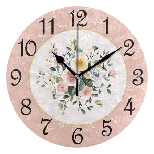Flowers White Pink Pattern Round Wall Clock Silent Non Ticking Bathroom Clocks 10 Inch Battery Operated Clock for Kitchen Living Room Bedroom Home Decor - color: B005