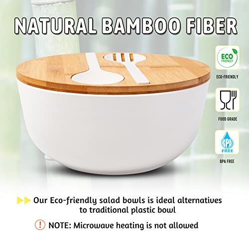 ECOWAY Bamboo Fiber Salad Bowl Set with Lid & Servers, 4Qt Large Serving Bowl with Bamboo Lid, 130OZ Mixing Bowl with Spoon Fork for Salad Fruits Vegetables and Pasta (White, 9.8inch) - color: White with lid