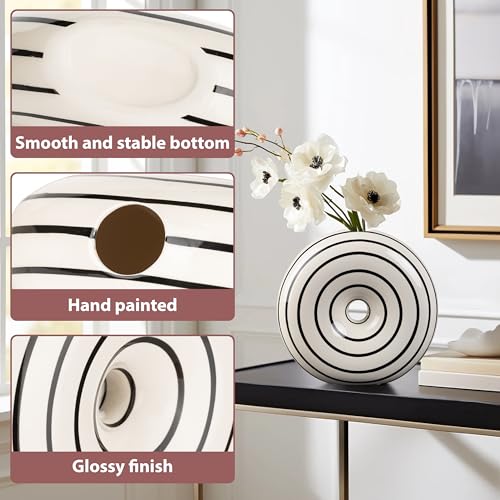 Ceramic Large Donut Vase Hand-Painted Glossy Finish, Unique Modern Home Accent, Flower Holder, Stylish Decor for Living Room, Coffee Table, Mid-Century Modern - size: Large