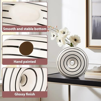 Ceramic Large Donut Vase Hand-Painted Glossy Finish, Unique Modern Home Accent, Flower Holder, Stylish Decor for Living Room, Coffee Table, Mid-Century Modern - size: Large