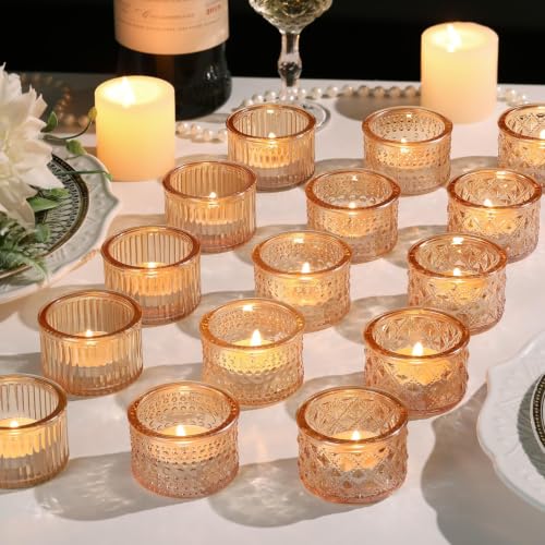 Lanttu 15 Pcs Glass Gold Tealight Candle Holders Bulk 2.17 × 1.38 inches | Vintage Votive Candle Holders for Wedding Table Centerpiece Home Party Holiday Decor - color: Gold