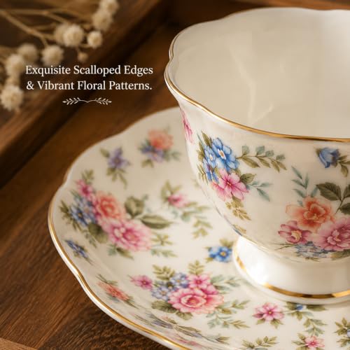 Noviko 6 oz Floral Ceramic Teacup and Saucer Set with Spoon | Set of 1, Afternoon Tea Party Gift for Women, Mom, Bridal Shower, Wedding - color: Multicolor